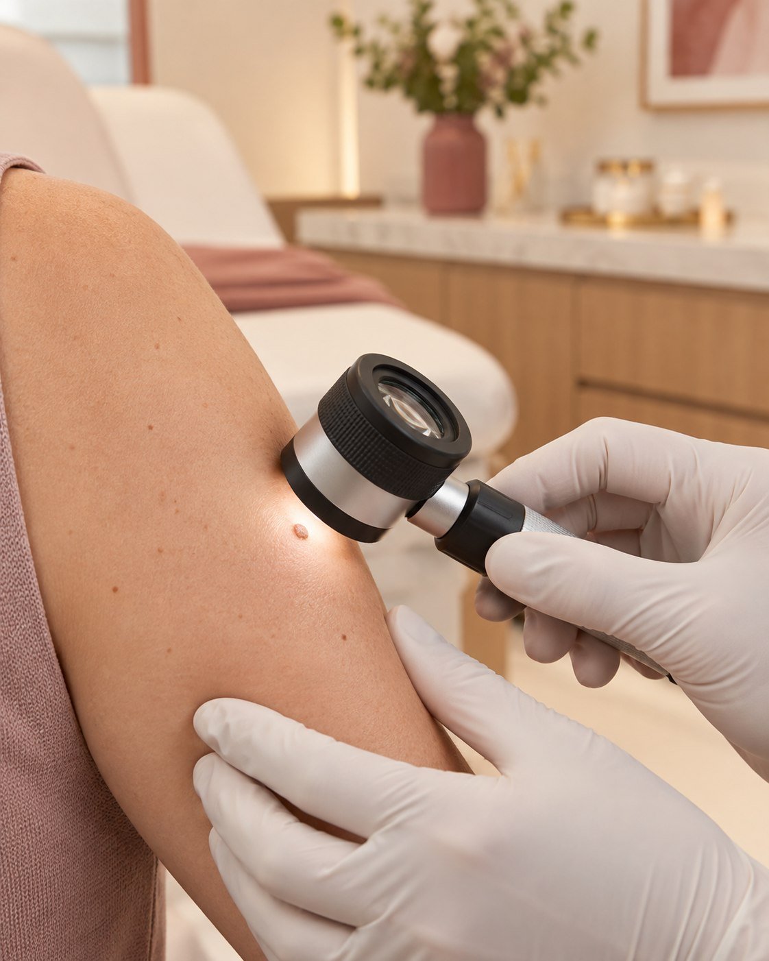 Avaliação de uma pinta no braço com dermatoscópio