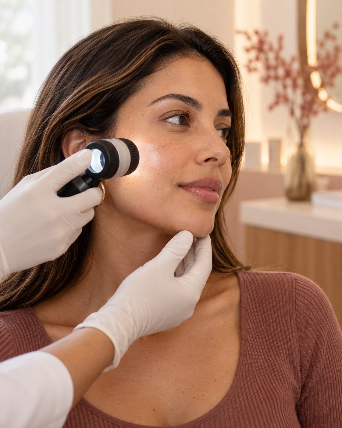 Avaliação dermatológica cuidadosa da pele do rosto