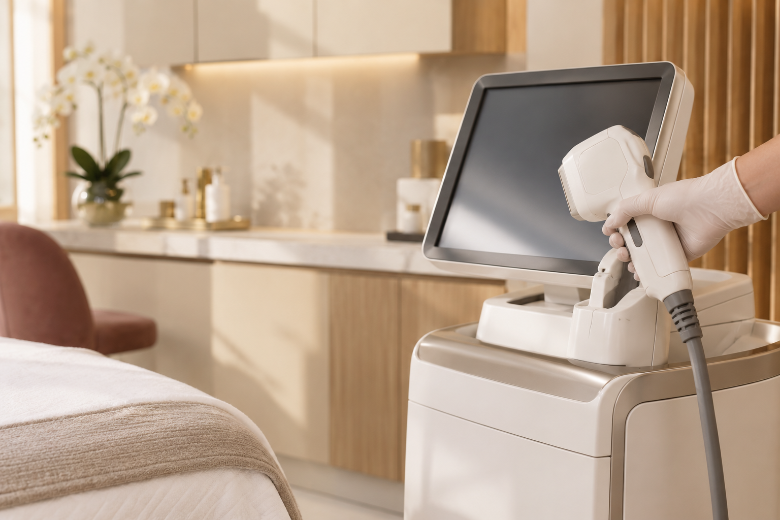Equipamento dermatológico de ultrassom microfocado em um consultório